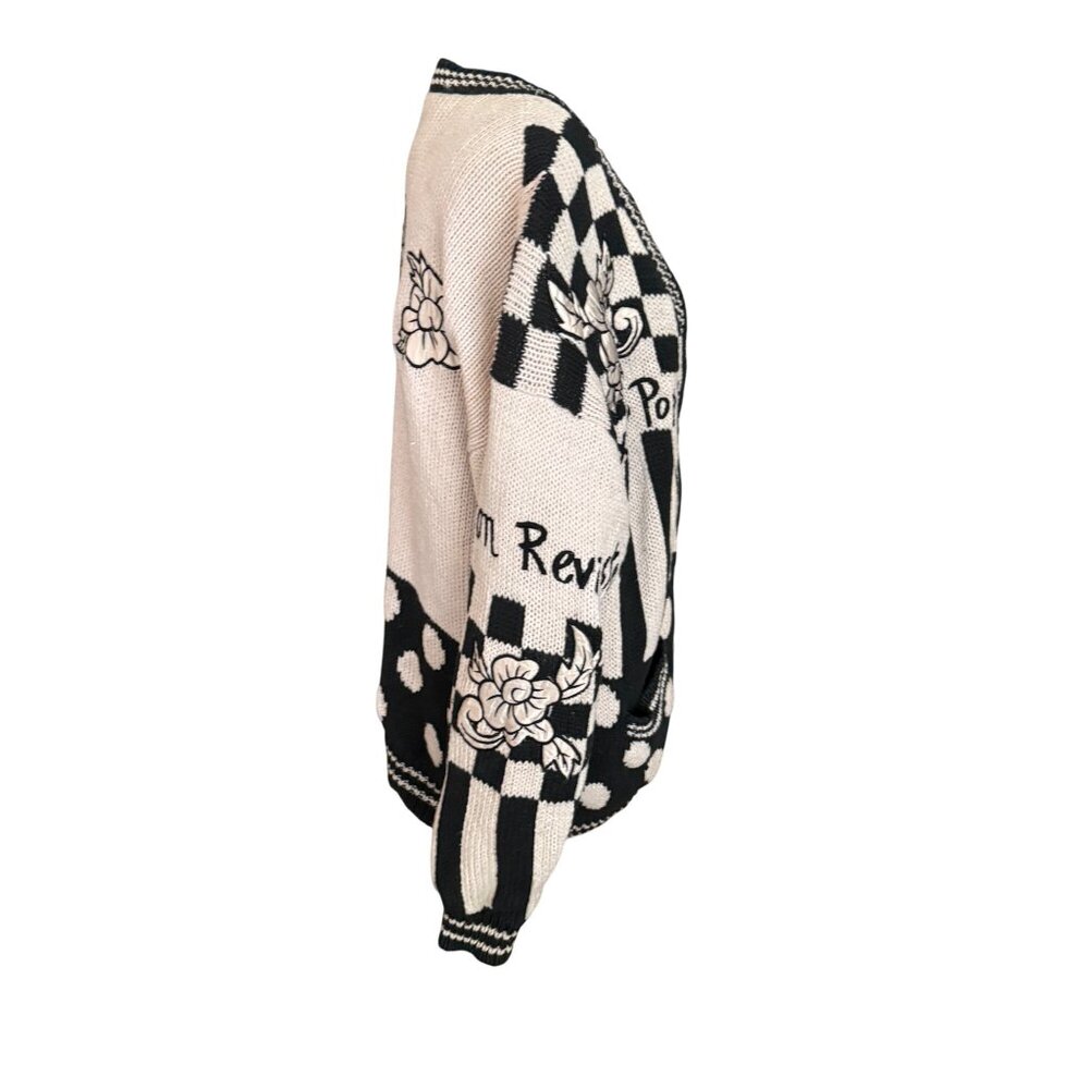 No! Jeans Pop Revolution Black & White Graphic Checkered Cardigan With Floral Kn - Picture 4 of 16